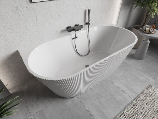 Mexen Oris, voľne stojaca ryhovaná vaňa 150 x 75 cm, biela lesklá, brúsený grafit prepad, 52871507500-66