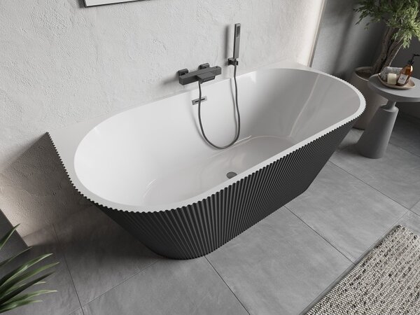 Mexen Oris, voľne stojaca ryhovaná vaňa 150 x 75 cm, biela-šedá, brúsený grafit prepad, 52871507562-66