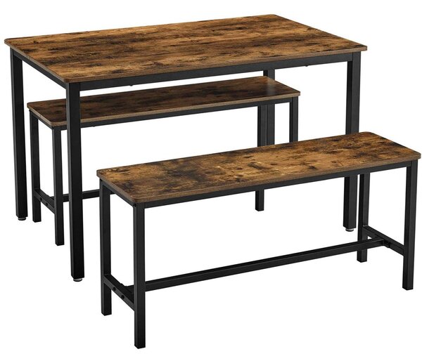 Jedálenský stôl s 2 lavicami, súprava 3 ks, rustikálny hnedý | VASAGLE