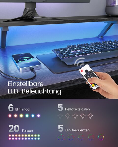 VASAGLE Rohový písací stôl s LED osvetlením 150 x 90 x 120 čierny