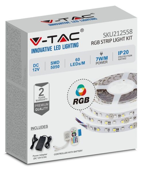 V-TAC Set RGB LED pásik 5m + napájanie + trafo + ovládanie, IP20