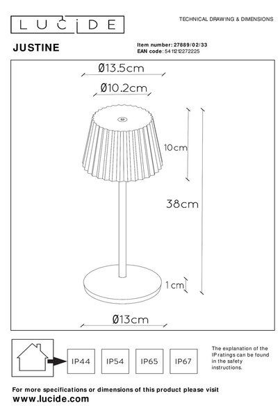 Lucide L278890233 LED vonkajšie stolné svietidlo JUSTINE | 2W integrovaný LED zdroj | 210lm | 2700K