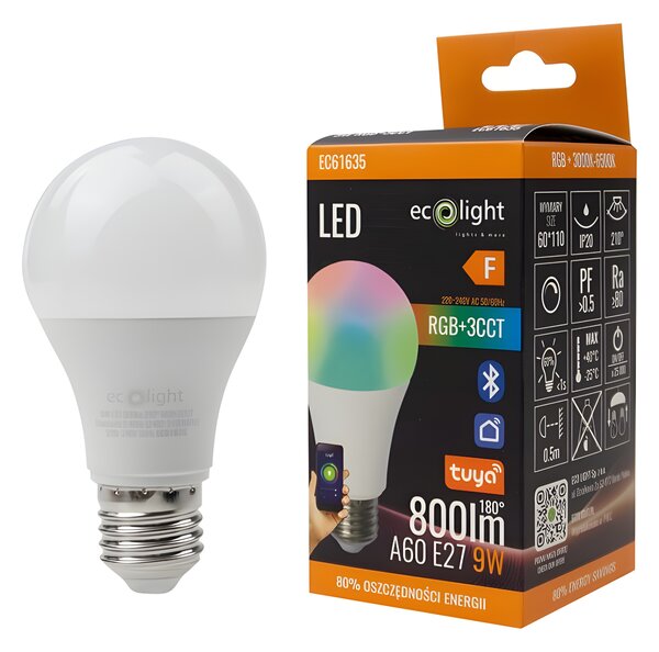 ECOLIGHT LED žiarovka E27 RGB cct 9W bluetooth tuya smart inteligentná halogénová