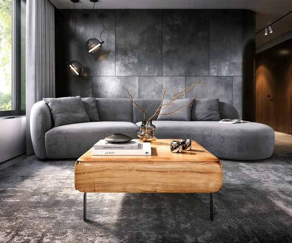 DELIFE Konferenčný stolík Shavani 90x90 cm akácia prírodná 2 dvierka podstava v tvare L kov čierna
