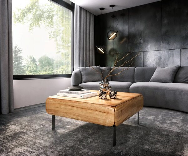 DELIFE Konferenčný stolík Shavani 90x90 cm akácia prírodná 2 dvierka podstava v tvare L kov čierna