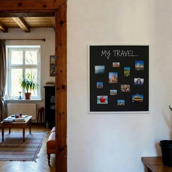 Čierna tabuľa na magnetky v drevenom bielom ráme COLOR 50x50 cm