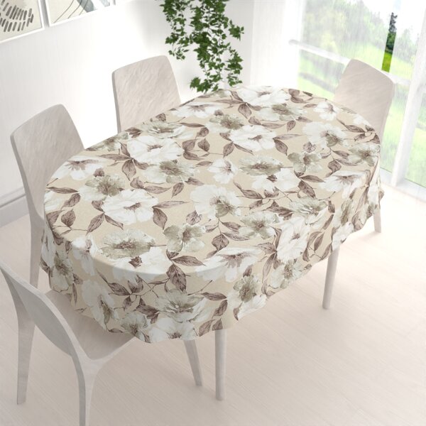 Biante Dekoračný oválny obrus Porto PRT-011 Hnedo-biele kvety na béžovom 50x100 cm