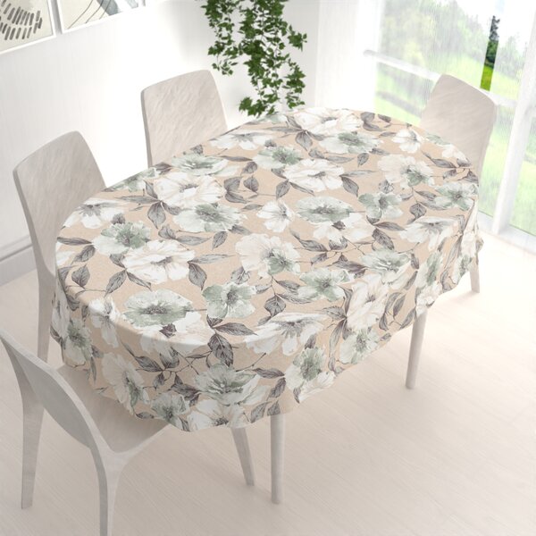 Biante Dekoračný oválny obrus Porto PRT-012 Zeleno-biele kvety na béžovom 50x100 cm
