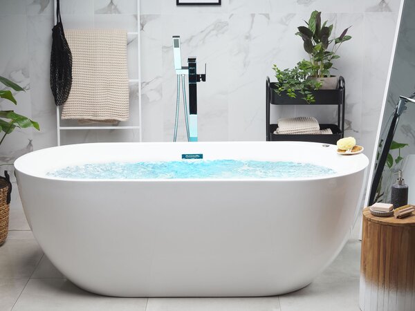 Voľne stojaca vírivá vaňa biela akrylát 170 x 80 cm s LED osvetlením hydromasážna oválny tvar elegantný moderný štýl kúpeľňa