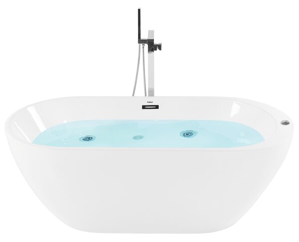 Voľne stojaca vírivá vaňa biela akrylát 170 x 80 cm s LED osvetlením hydromasážna oválny tvar elegantný moderný štýl kúpeľňa