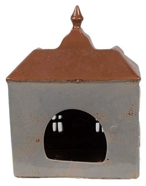 Šedý keramický svietnik na čajovú sviečku domček Amster Village - 16*9*20 cm - Clayre & Eef