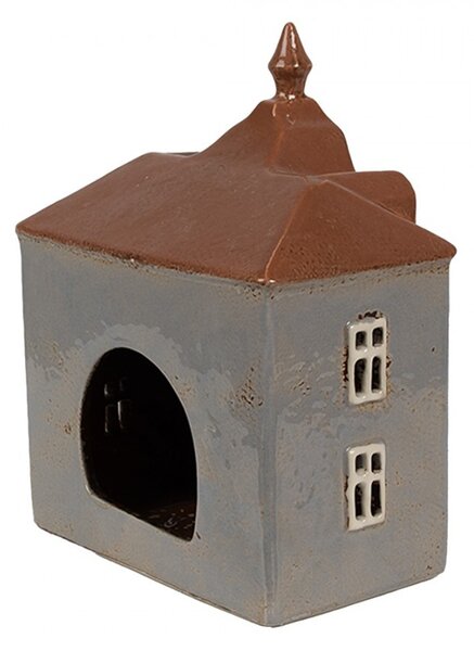Šedý keramický svietnik na čajovú sviečku domček Amster Village - 16*9*20 cm - Clayre & Eef