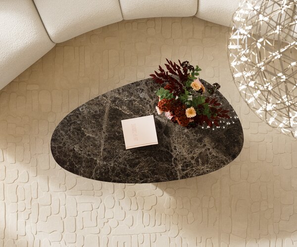 DELIFE Konferenčný stolík Edge oválny 140x75 cm keramika Laminam® Emperador Extra Lucidato tmavohnedá Parabi metalická strieborná