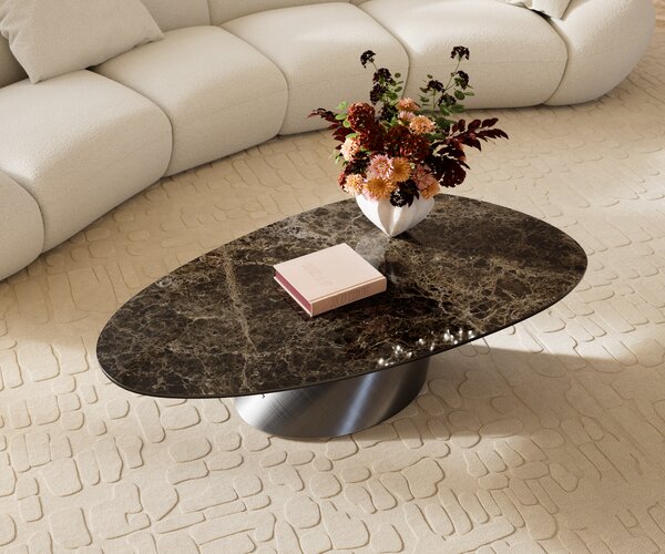 DELIFE Konferenčný stolík Edge oválny 140x75 cm keramika Laminam® Emperador Extra Lucidato tmavohnedá Conis metalická strieborná