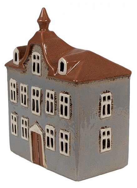 Šedý keramický svietnik na čajovú sviečku domček Amster Village - 16*9*20 cm - Clayre & Eef