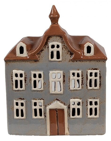 Šedý keramický svietnik na čajovú sviečku domček Amster Village - 16*9*20 cm - Clayre & Eef