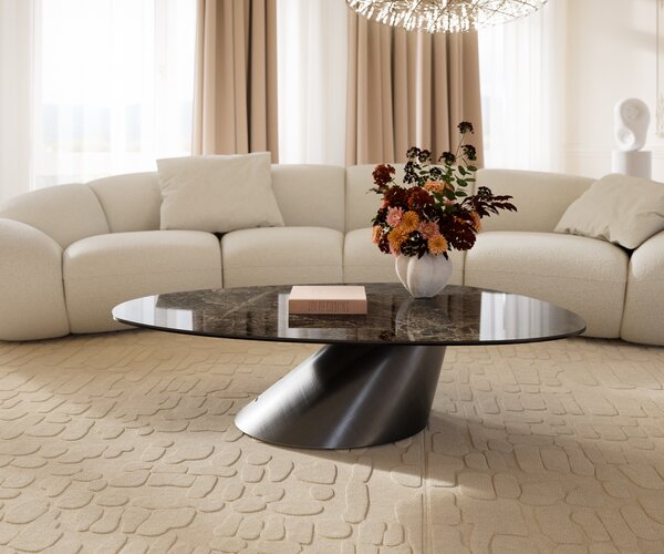 DELIFE Konferenčný stolík Edge oválny 140x75 cm keramika Laminam® Emperador Extra Lucidato tmavohnedá Conis metalická strieborná