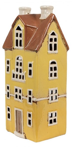 Žltý keramický svietnik na čajovú sviečku domček Candle Village - 11*9*25 cm - Clayre & Eef