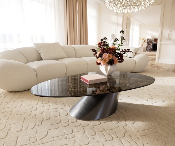 DELIFE Konferenčný stolík Edge oválny 140x75 cm keramika Laminam® Emperador Extra Lucidato tmavohnedá Conis metalická strieborná