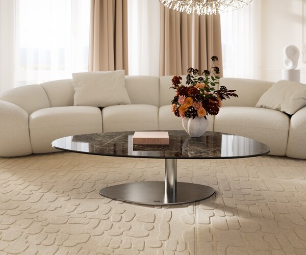 DELIFE Konferenčný stolík Edge oválny 140x75 cm keramika Laminam® Emperador Extra Lucidato tmavohnedá Vibany nerezová oceľ kefovaná