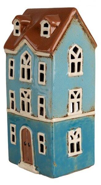 Modrý keramický svietnik na čajovú sviečku domček Amster Village - 11*9*22 cm - Clayre & Eef
