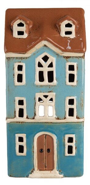 Modrý keramický svietnik na čajovú sviečku domček Amster Village - 11*9*22 cm - Clayre & Eef