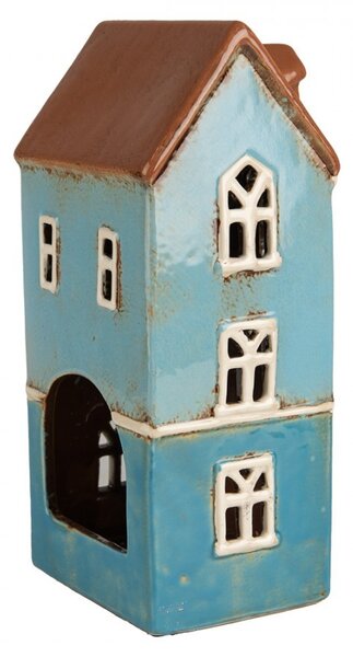Modrý keramický svietnik na čajovú sviečku domček Amster Village - 11*9*22 cm - Clayre & Eef