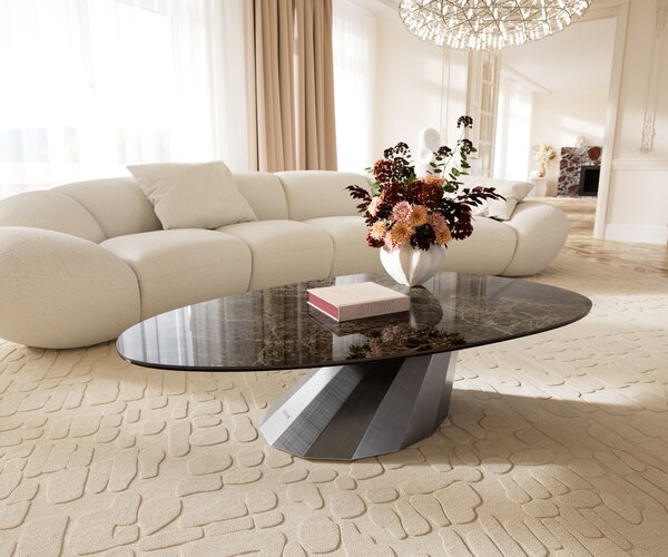 DELIFE Konferenčný stolík Edge oválny 140x75 cm keramika Laminam® Emperador Extra Lucidato tmavohnedá Parabi metalická strieborná