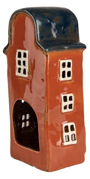Červený keramický svietnik na čajovú sviečku domček Amster Village - 12*9*25 cm - Clayre & Eef