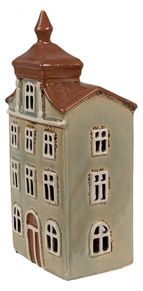 Zelený keramický svietnik na čajovú sviečku domček Amster Village - 12*9*25 cm - Clayre & Eef