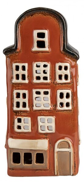 Červený keramický svietnik na čajovú sviečku domček Amster Village - 12*9*25 cm - Clayre & Eef