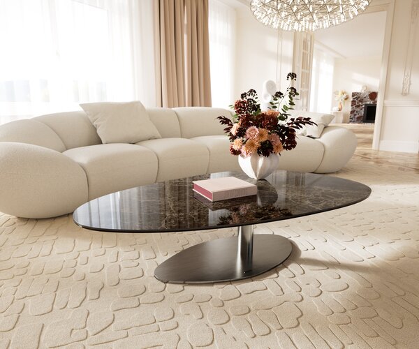 DELIFE Konferenčný stolík Edge oválny 140x75 cm keramika Laminam® Emperador Extra Lucidato tmavohnedá Vibany nerezová oceľ kefovaná