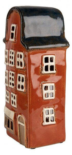 Červený keramický svietnik na čajovú sviečku domček Amster Village - 12*9*25 cm - Clayre & Eef