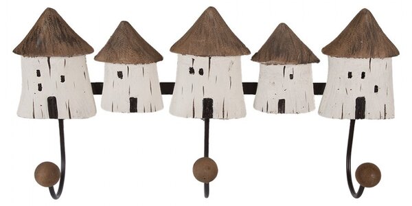 Nástenný vešiak s 3-mi háčikmi a drevenými domčekmi - 38*8*19 cm - Clayre & Eef