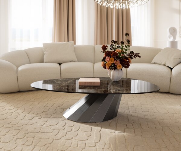 DELIFE Konferenčný stolík Edge oválny 140x75 cm keramika Laminam® Emperador Extra Lucidato tmavohnedá Parabi metalická strieborná
