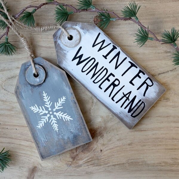 Biela a šedá antik vianočná ozdoba ceduľka Winter - 9*1,5*20 / 9*1,5*16 cm - Chic Antique
