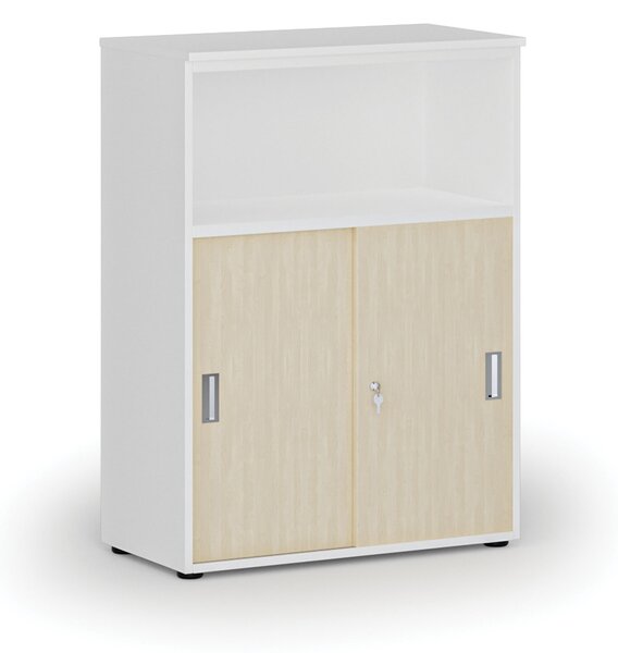 Kombinovaná kancelárska skriňa so zásuvnými dverami PRIMO WHITE, 800 x 420 x 1087 mm, biela/breza