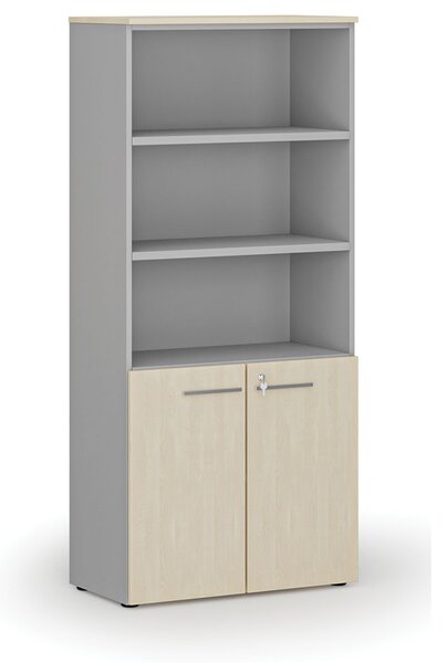 Kombinovaná kancelárska skriňa PRIMO GRAY, dvere na 2 poschodia, 800 x 420 x 1781 mm, sivá/breza