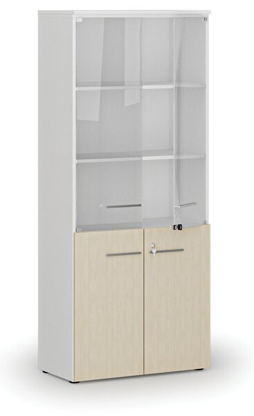 Kombinovaná kancelárska skriňa PRIMO WHITE s drevenými a sklenenými dverami, 800 x 420 x 1781 mm, biela/breza