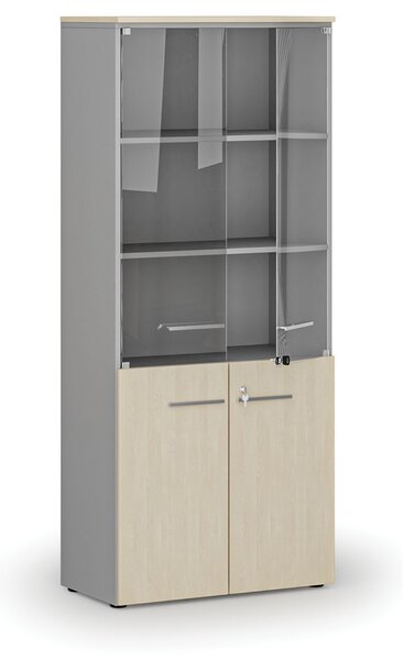 Kombinovaná kancelárska skriňa PRIMO GRAY s drevenými a sklenenými dverami, 800 x 420 x 1781 mm, sivá/breza