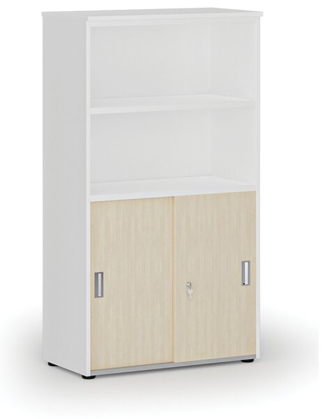Kombinovaná kancelárska skriňa PRIMO WHITE, zasúvacie dvere na 2 poschodia, 800 x 420 x 1434 mm, biela/breza