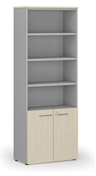 Kombinovaná kancelárska skriňa PRIMO GRAY, dvere na 2 poschodia, 800 x 420 x 2128 mm, sivá/breza