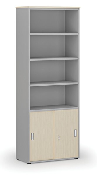 Kombinovaná kancelárska skriňa PRIMO GRAY, zasúvacie dvere na 2 poschodia, 800 x 420 x 2128 mm, sivá/breza