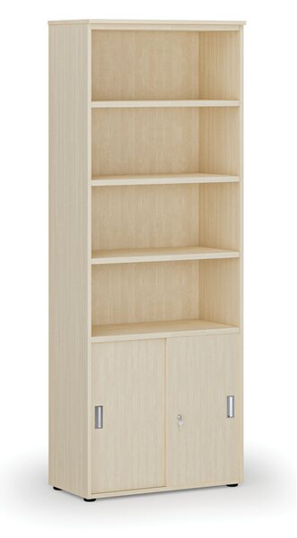 Kombinovaná kancelárska skriňa PRIMO WOOD, zasúvacie dvere na 2 poschodia, 800 x 420 x 2128 mm, breza