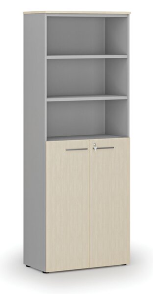 Kombinovaná kancelárska skriňa PRIMO GRAY, dvere na 3 poschodia, 800 x 420 x 2128 mm, sivá/breza