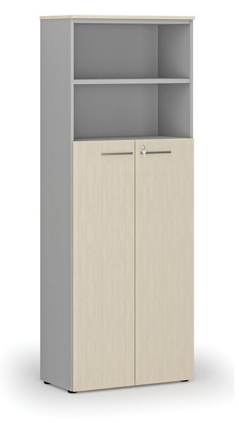 Kombinovaná kancelárska skriňa PRIMO GRAY, dvere na 4 poschodia, 800 x 420 x 2128 mm, sivá/breza