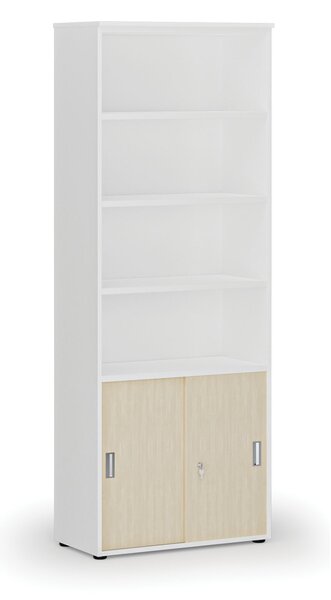 Kombinovaná kancelárska skriňa PRIMO WHITE, zasúvacie dvere na 2 poschodia, 800 x 420 x 2128 mm, biela/breza