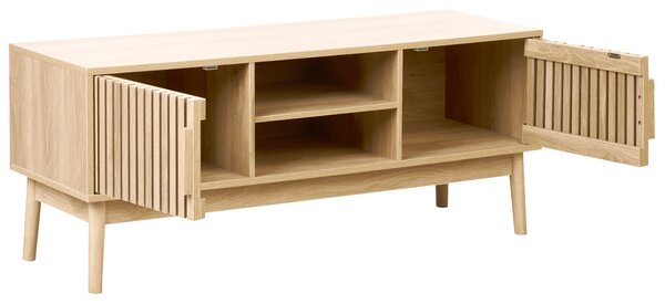 TV stolík svetlé drevo MDF nohy z borovicového dreva 2 skrinky 2 police úložný priestor škandinávsky moderný štýl obývacia izba spálňa