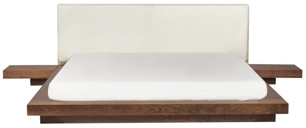 Posteľ v japonskom štýle hnedý jaseň 180 x 200 cm nízky drevený rám postele z MDF buklé čelo nočné stolíky LED osvetlenie
