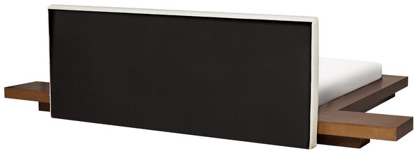 Posteľ v japonskom štýle hnedý jaseň 180 x 200 cm nízky drevený rám postele z MDF buklé čelo nočné stolíky LED osvetlenie
